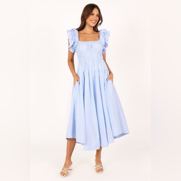 PETAL & PUP LINDA MIDI DRESS - BLUE STRIPE M B3053 - Picture 1 of 6